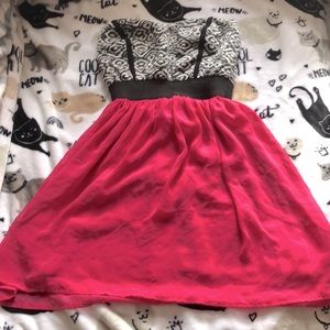 Pink skirt dress with black and white texture top :)